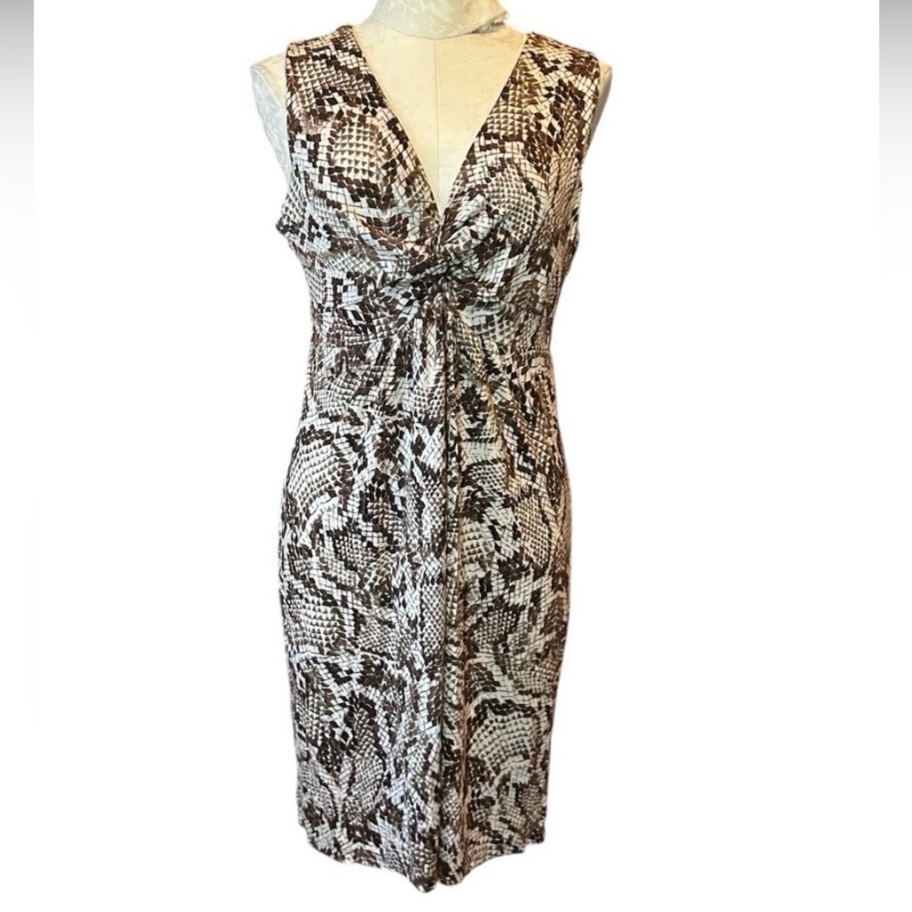 Chico's Python Priscilla Midi Sheath Dress Womens Sz 1 (M/8) Cocoa Bean/Cream